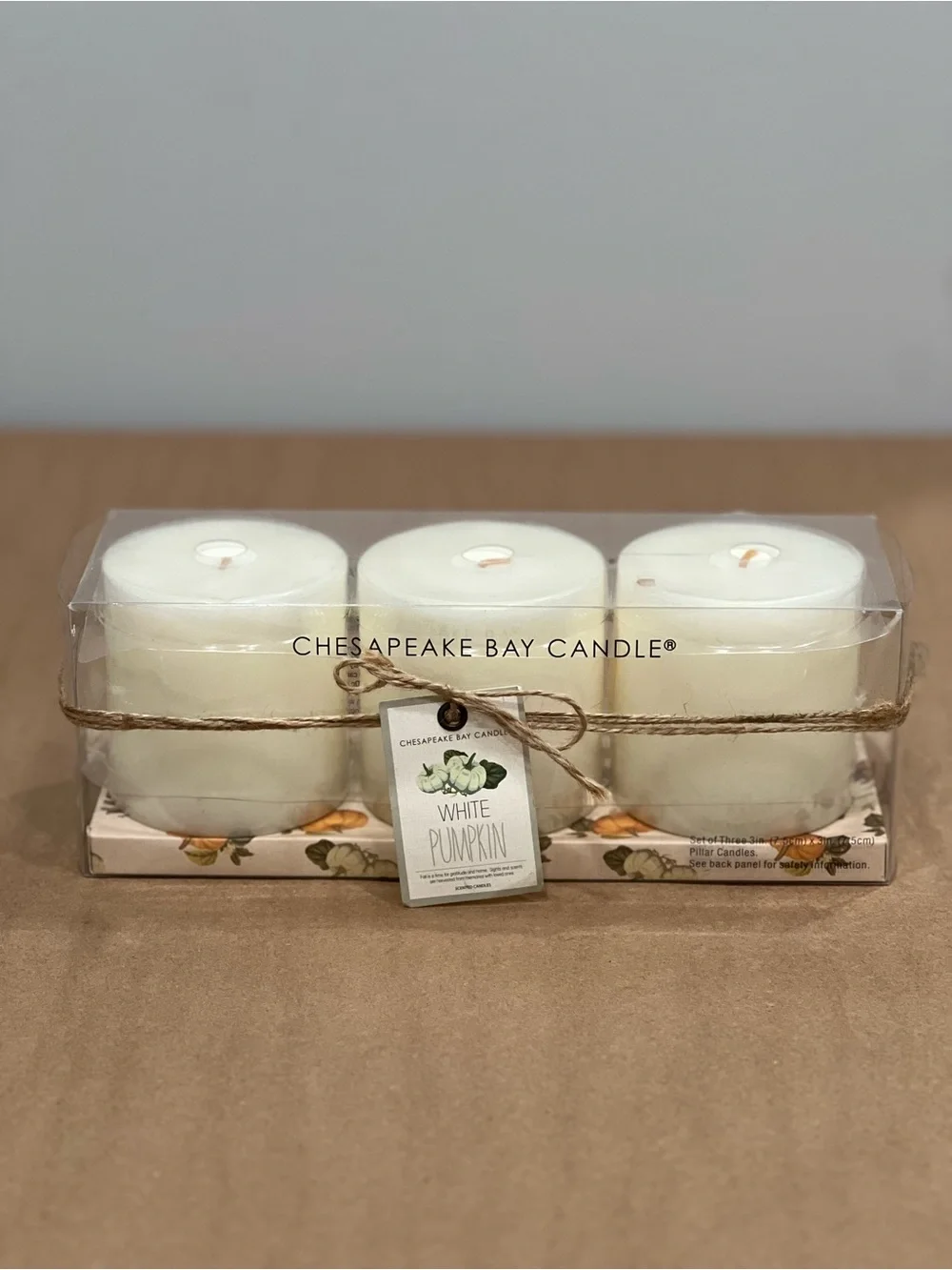 Set of 3 - 3x3 Pillar Candle White Pumpkin Scented Fall Thanksgiving
